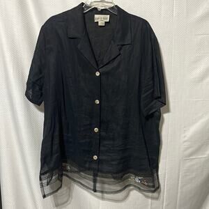 David Dart 1x short sleeve black tunic blouse shear floral embroidered hem euc